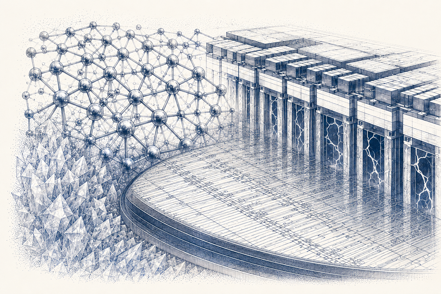 Technical illustration of atomic lattice, semiconductor epitaxy, wafer, and vertical power devices